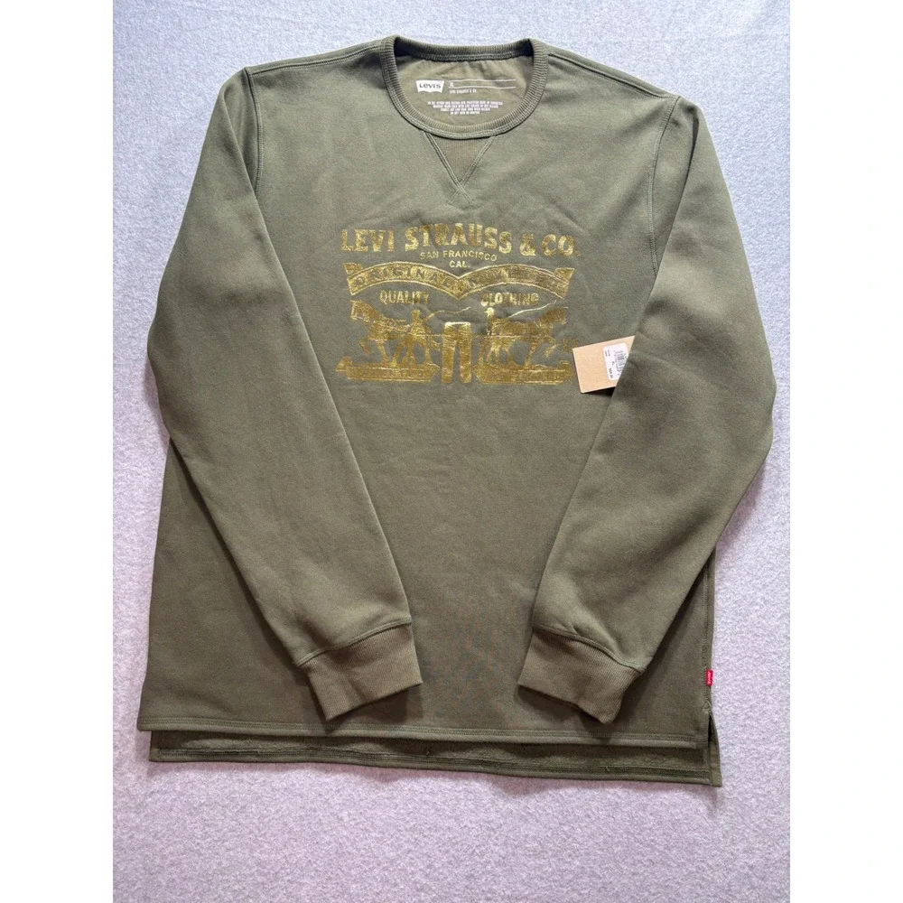 Levi Strauss Mens XXL‎ Olive Green Gold Metallic Graphic Fleece Sweatshirt NWT